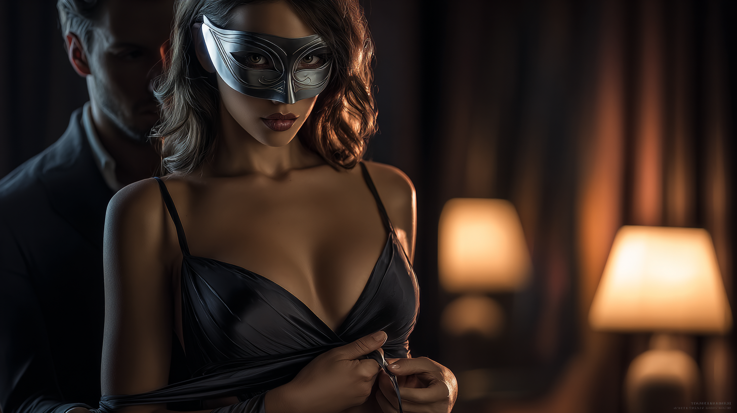 femme portant un masque argenté et une robe noire dans une ambiance dark porn avec un homme flou en arrière-plan dans une chambre sombre