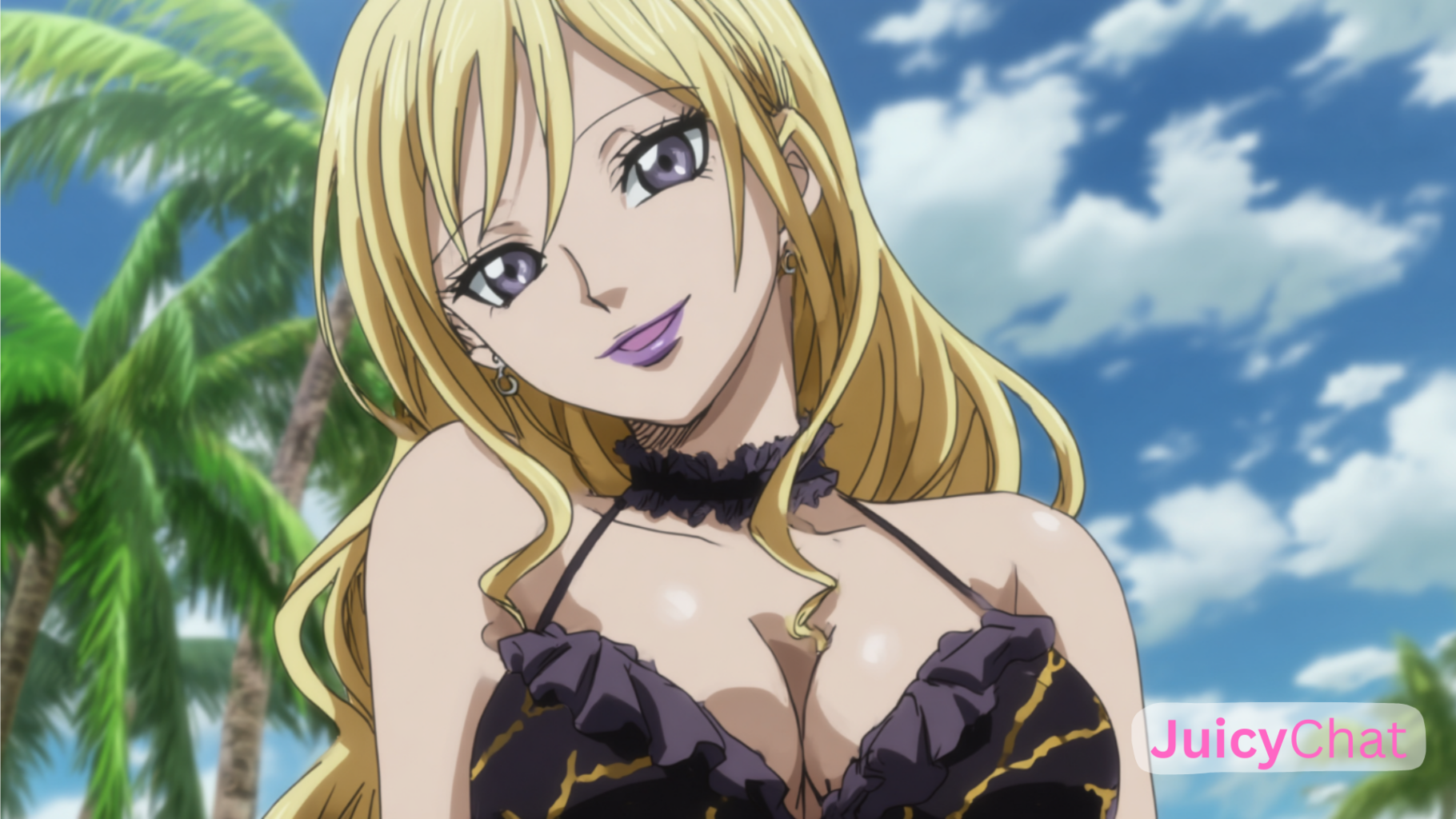 blonde anime provocante sur une plateforme hentai chat, waifu au sourire charmeur avec robe noire légère devant un décor tropical lumineux