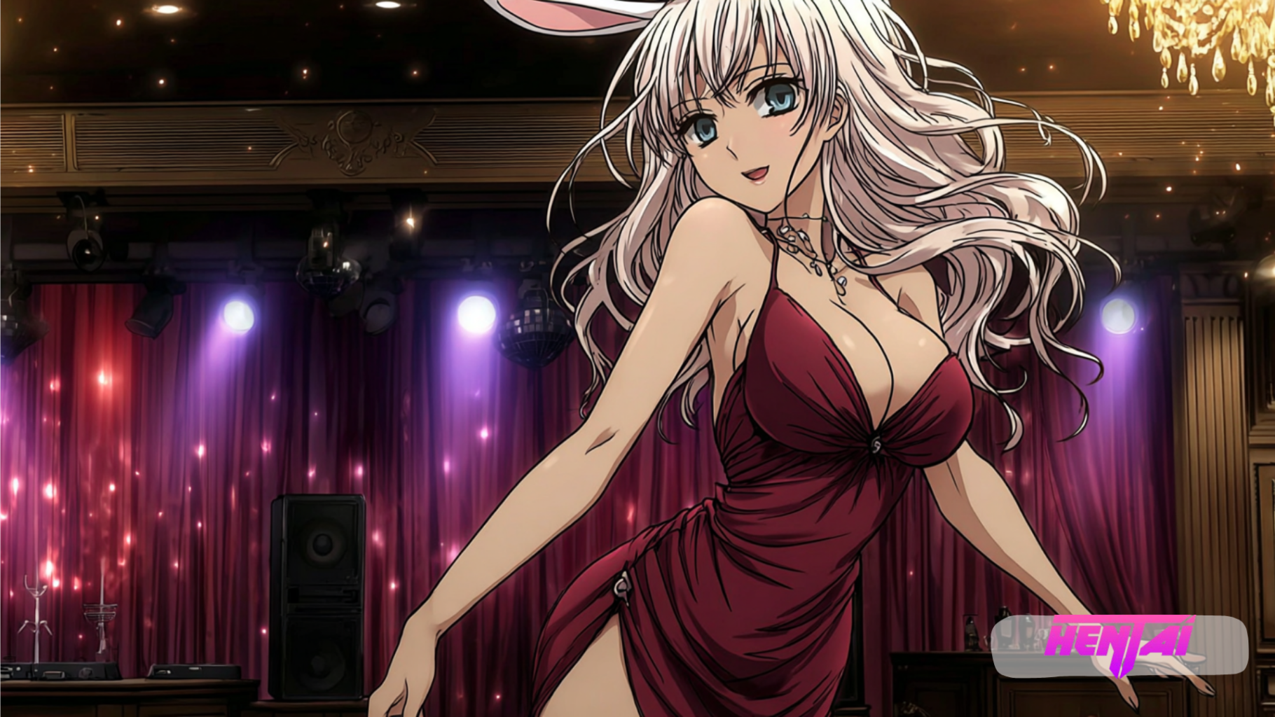 bunny girl anime séduisante sur une plateforme hentai chat, waifu aux cheveux blancs portant une robe rouge moulante dans une ambiance nocturne glamour et lumineuse