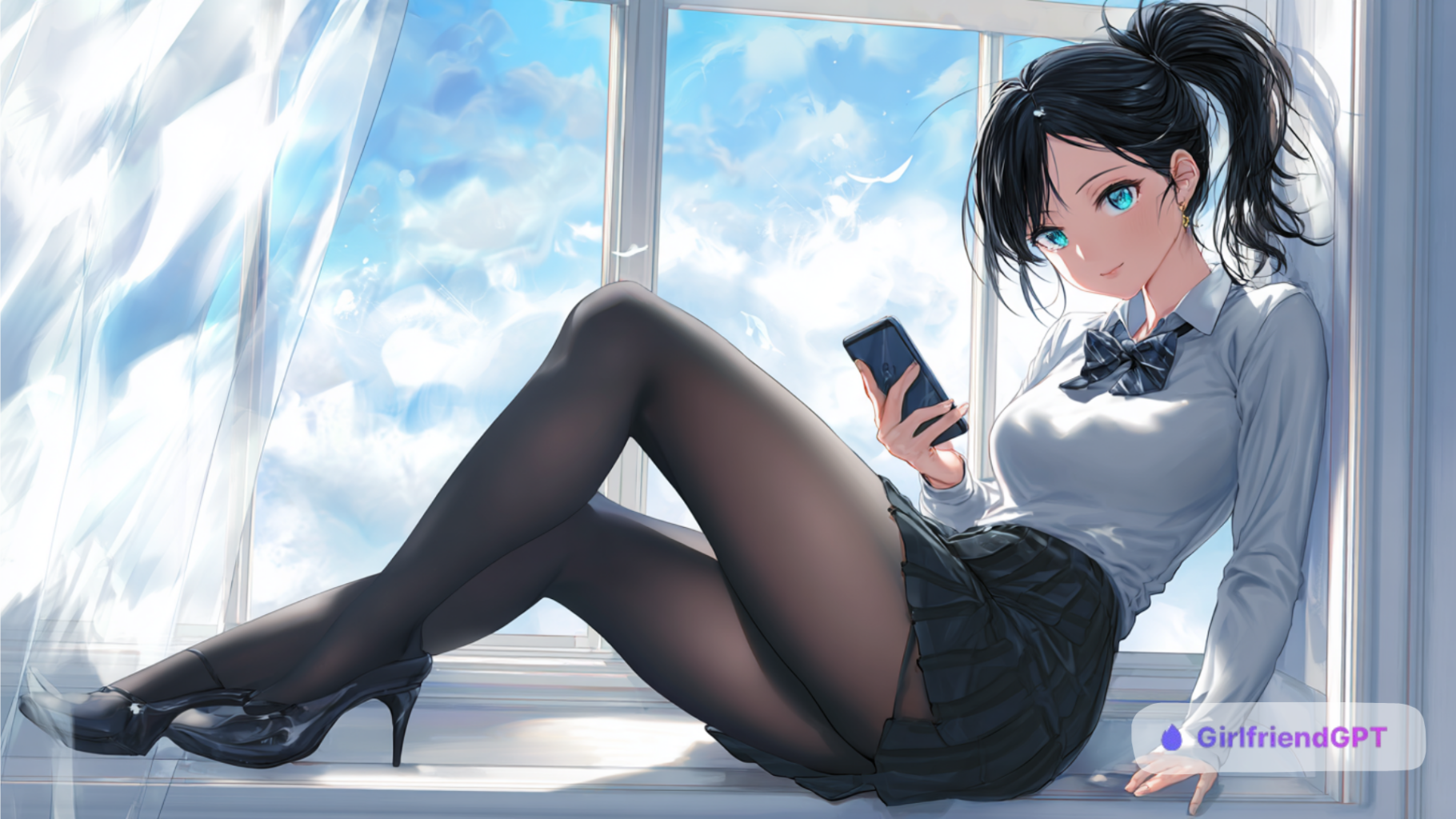 étudiante anime sexy sur une plateforme hentai chat, waifu aux yeux bleus assise près d’une fenêtre avec smartphone, jupe noire courte et collants transparents élégants