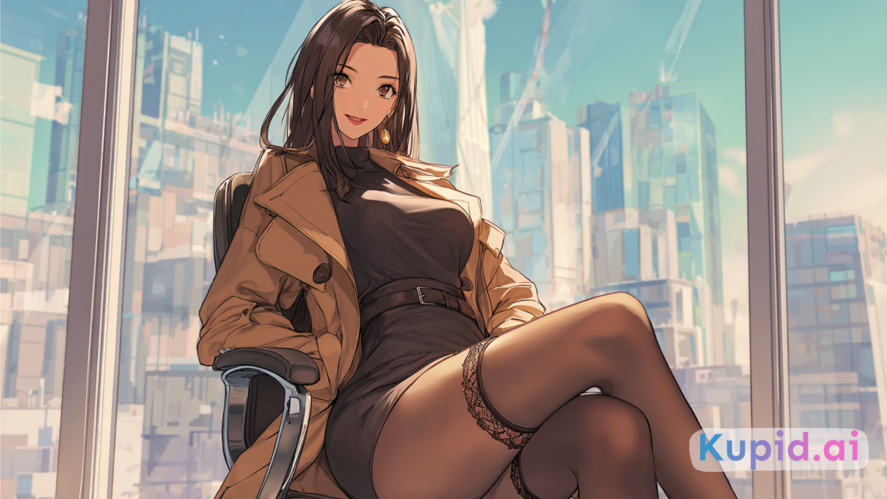 femme anime élégante sur une plateforme hentai chat, waifu brune assise dans un bureau moderne avec robe noire moulante, bas transparents et vue urbaine futuriste