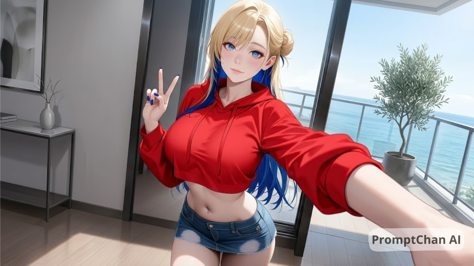 waifu blonde sur une plateforme hentai chat prenant un selfie dans un appartement moderne, hoodie rouge court, jupe en jean et vue lumineuse sur l’océan
