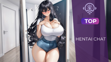 waifu anime voluptueuse dans un hentai AI chat, fille manga timide aux longs cheveux noirs dans un appartement moderne