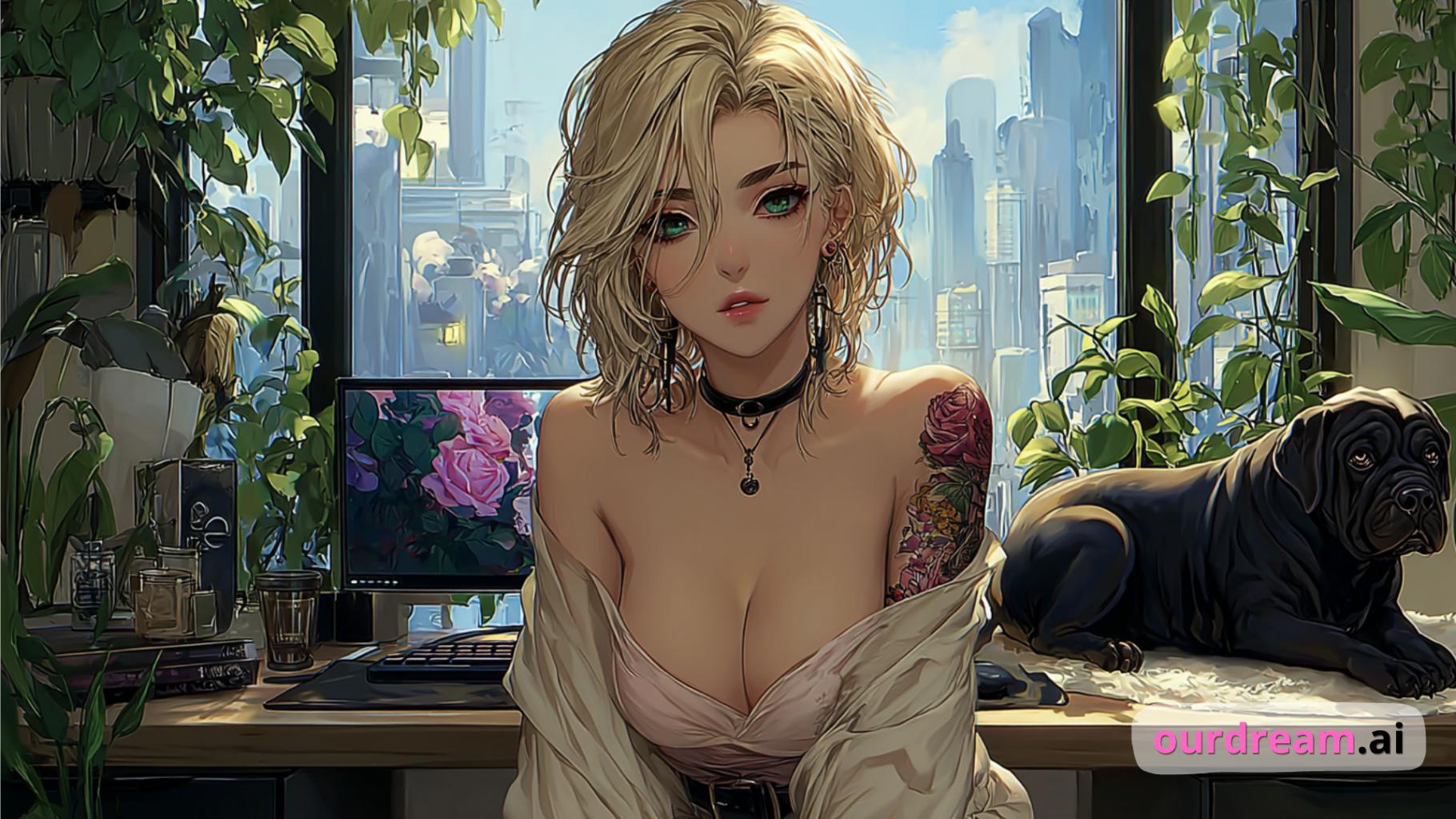 waifu blonde tatouée sur une plateforme hentai chat, personnage anime sensuel dans un appartement végétalisé avec skyline futuriste et ambiance intime élégante