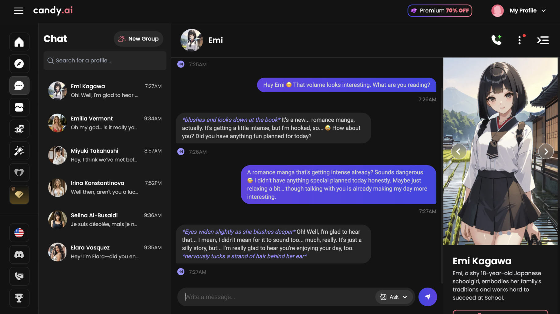 conversation immersive sur une plateforme hentai chat avec waifu japonaise timide, interface sombre de messagerie IA, échanges romantiques et personnage anime personnalisé affiché à l’écran