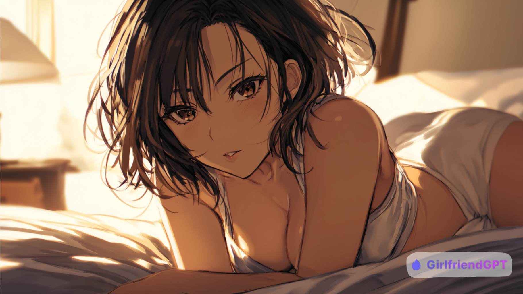 personnage anime hentai IA en scène intime dans une chambre lumineuse