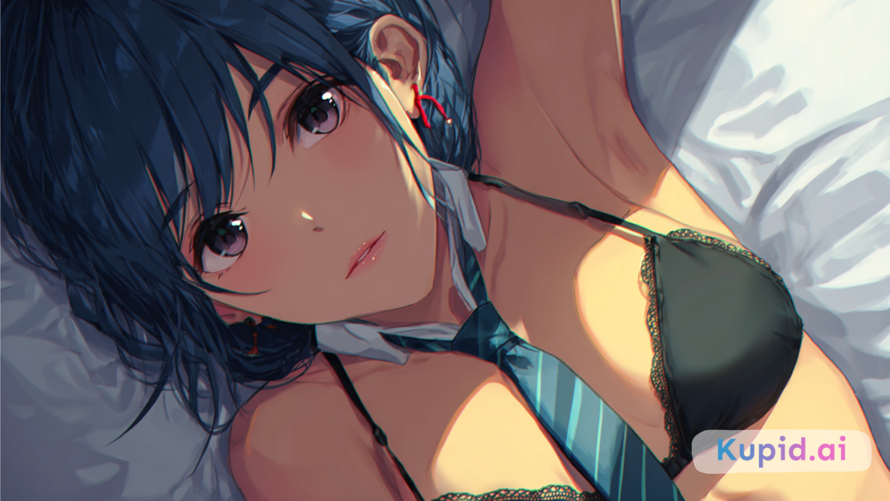 personnage anime hentai IA allongé en gros plan dans une ambiance douce