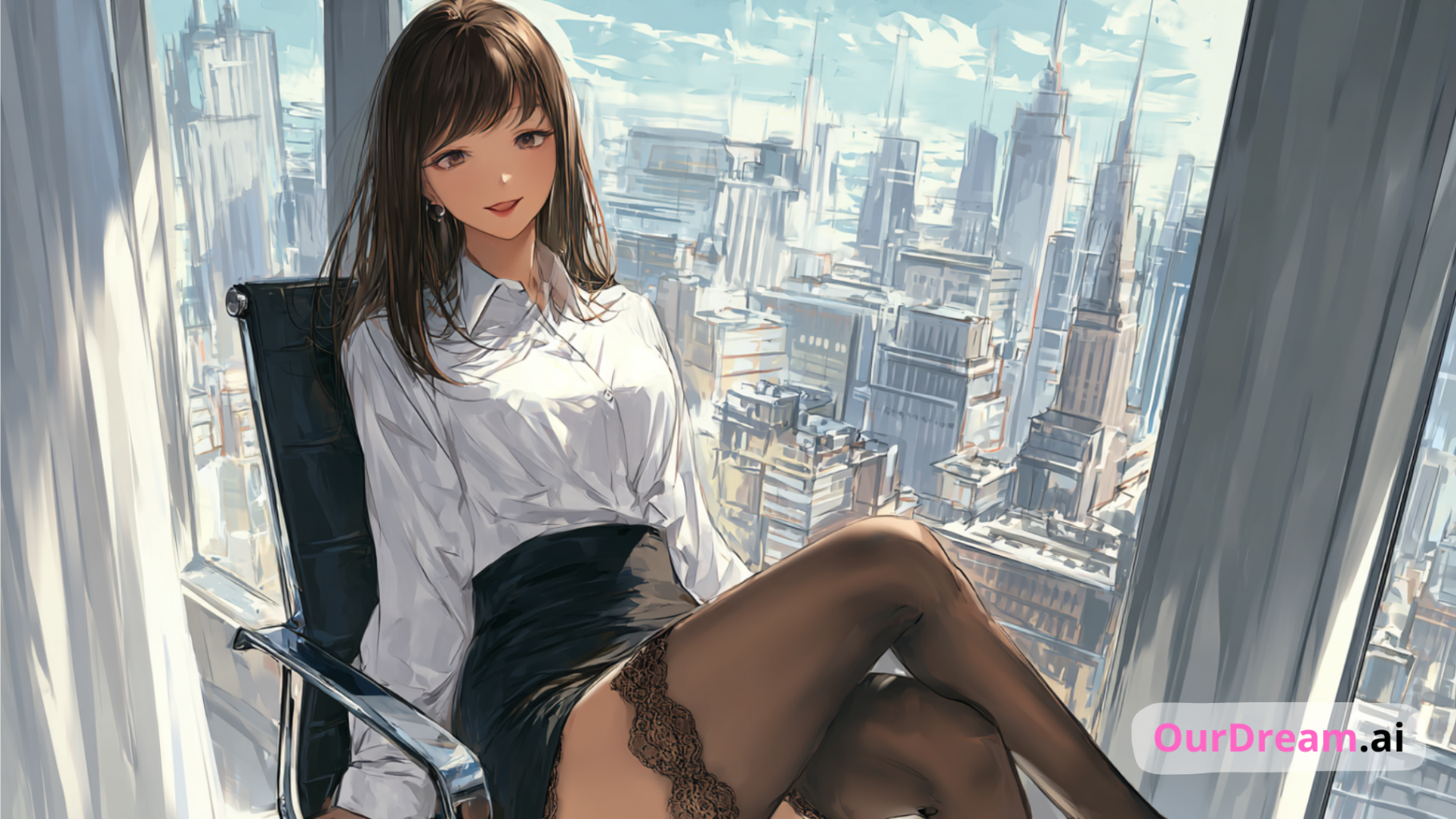 personnage anime hentai IA assis face à une vue urbaine panoramique