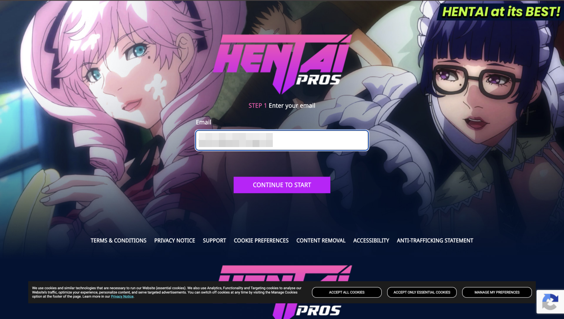 Page d'inscription pour accéder à HentaiPros