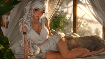Personnage féminin de lewds games allongé dans une chambre fantasy avec une ambiance séduisante et lumineuse