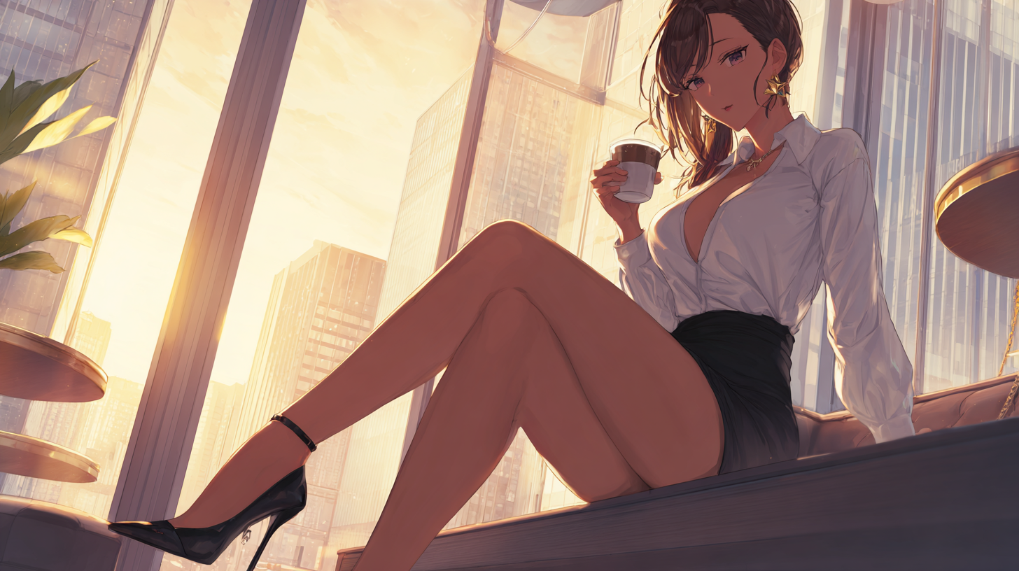 Personnage féminin de lewds games en tenue élégante assise face à une grande baie vitrée dans une ambiance séduisante et luxueuse