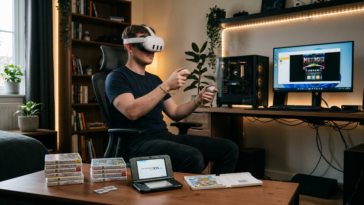personne qui joue à des jeux Nintendo 3DS sur un casque VR