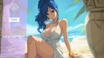 Femme anime élégante aux cheveux bleus assise au bord de la plage sur HentaiPros