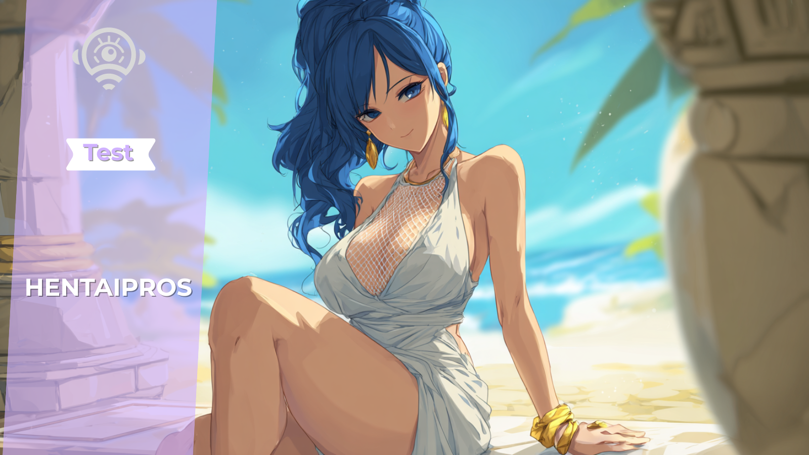 Femme anime élégante aux cheveux bleus assise au bord de la plage sur HentaiPros