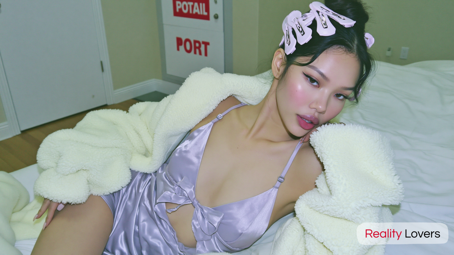 VR porn : Jeune femme aux cheveux noirs relevés avec des nœuds lavande, allongée sur un lit en nuisette satinée violette et veste en fausse fourrure blanche, regardant l'objectif avec une expression séduisante