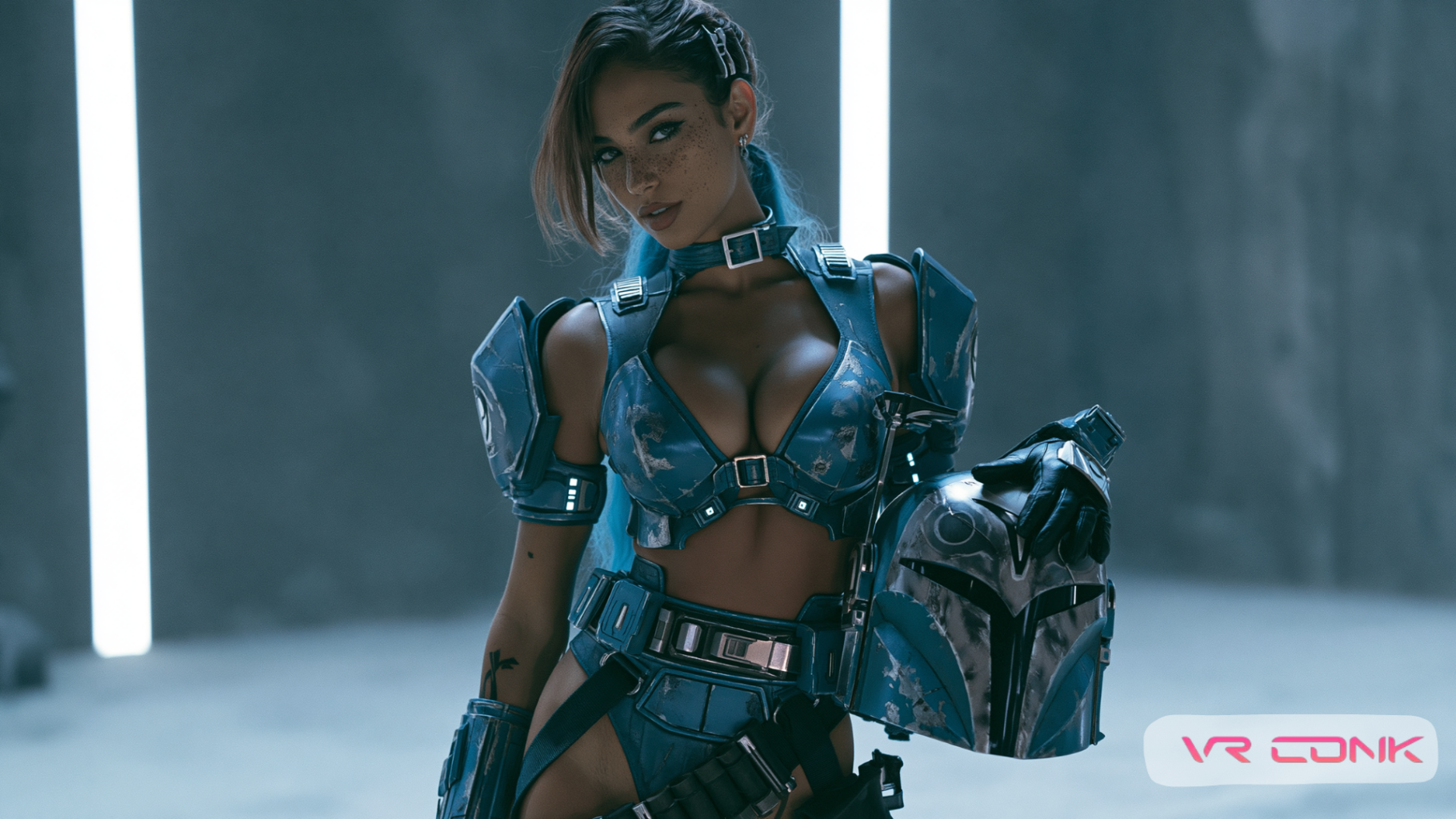 VR porn : Jeune femme aux cheveux mi-longs portant une armure futuriste bleue, tenant un casque sous le bras et regardant l'objectif avec une expression assurée.
