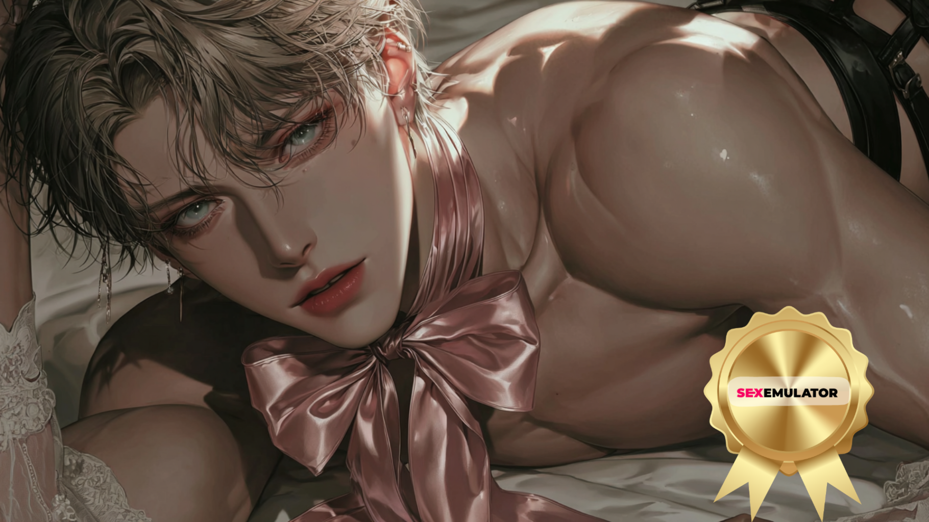 Personnage masculin de style anime au physique athlétique allongé sur un lit, regard intense et nœud rose satiné, illustrant l’univers romantique et sensuel des gay sex games