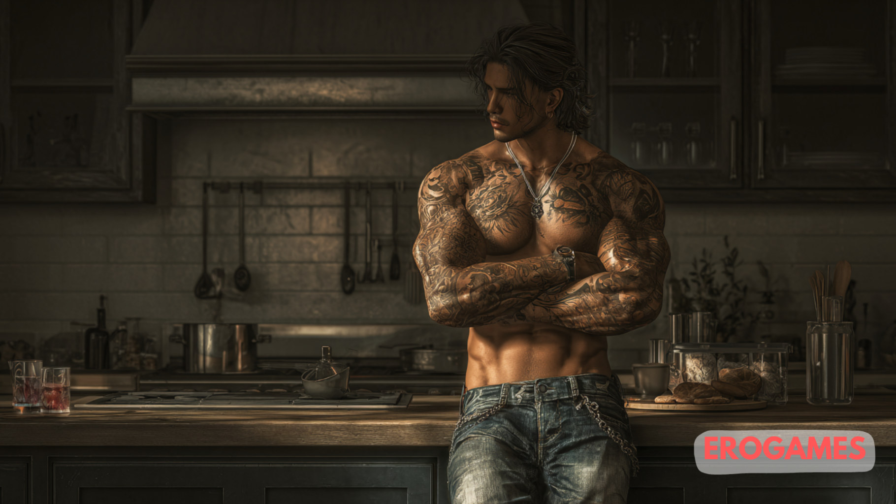Homme musclé couvert de tatouages posant dans une cuisine moderne, incarnant le style séduisant et affirmé de nombreux personnages de gay sex games.