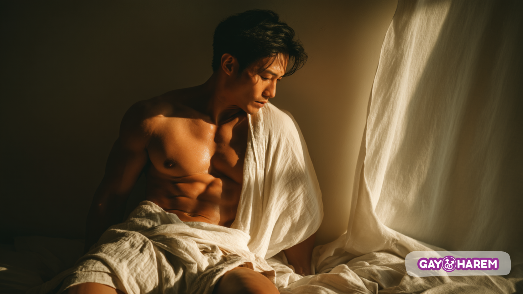 Homme musclé assis sur un lit baigné par une lumière dorée, partiellement enveloppé dans un drap blanc, créant une atmosphère intime et élégante.