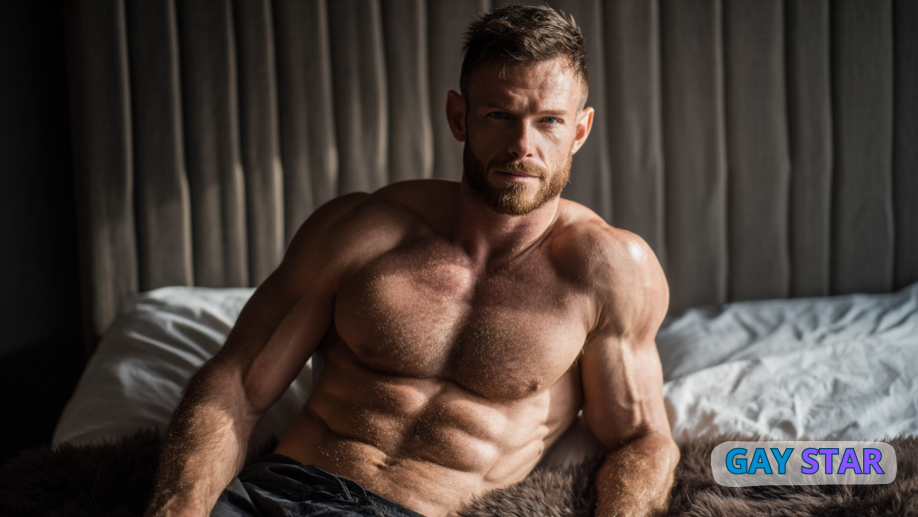 Homme musclé à la barbe courte assis sur un lit, torse nu, regard intense face à l’objectif dans une ambiance intime et élégante.