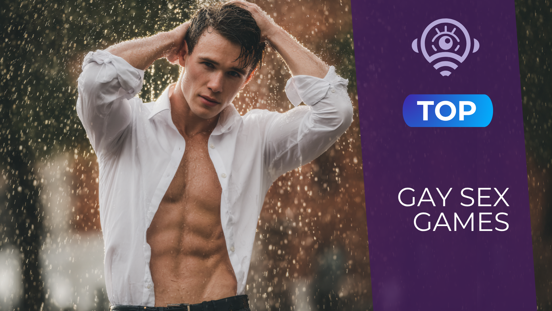 Jeune homme musclé sous la pluie portant une chemise blanche ouverte, regard intense face à l’objectif, avec des gouttes d’eau illuminées en arrière-plan dans une ambiance sensuelle et cinématographique.