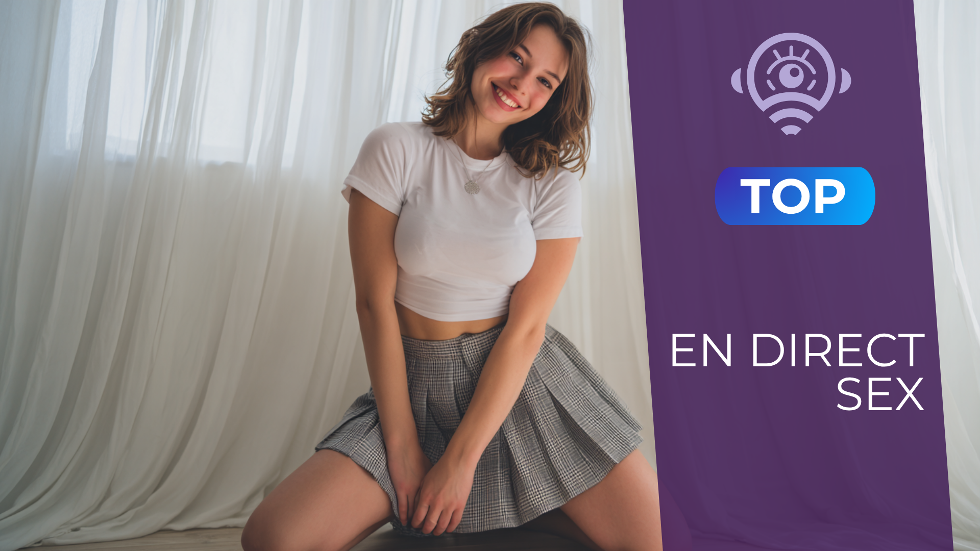 Jeune femme souriante aux cheveux châtains courts, vêtue d’un t-shirt blanc ajusté et d’une jupe plissée grise, prenant la pose face à la caméra lors d’un show de sex en direct.