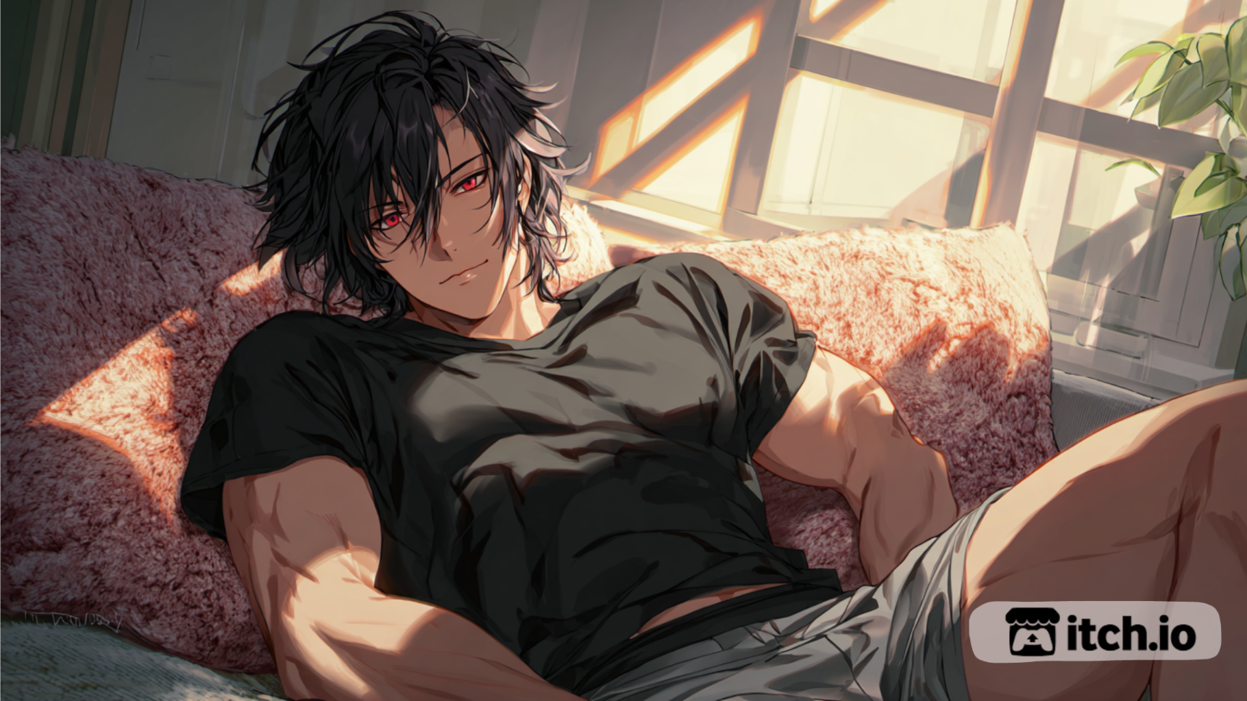 Personnage masculin de style anime aux yeux rouges et à la silhouette athlétique, installé sur un canapé dans une scène romantique inspirée des univers de gay sex games.