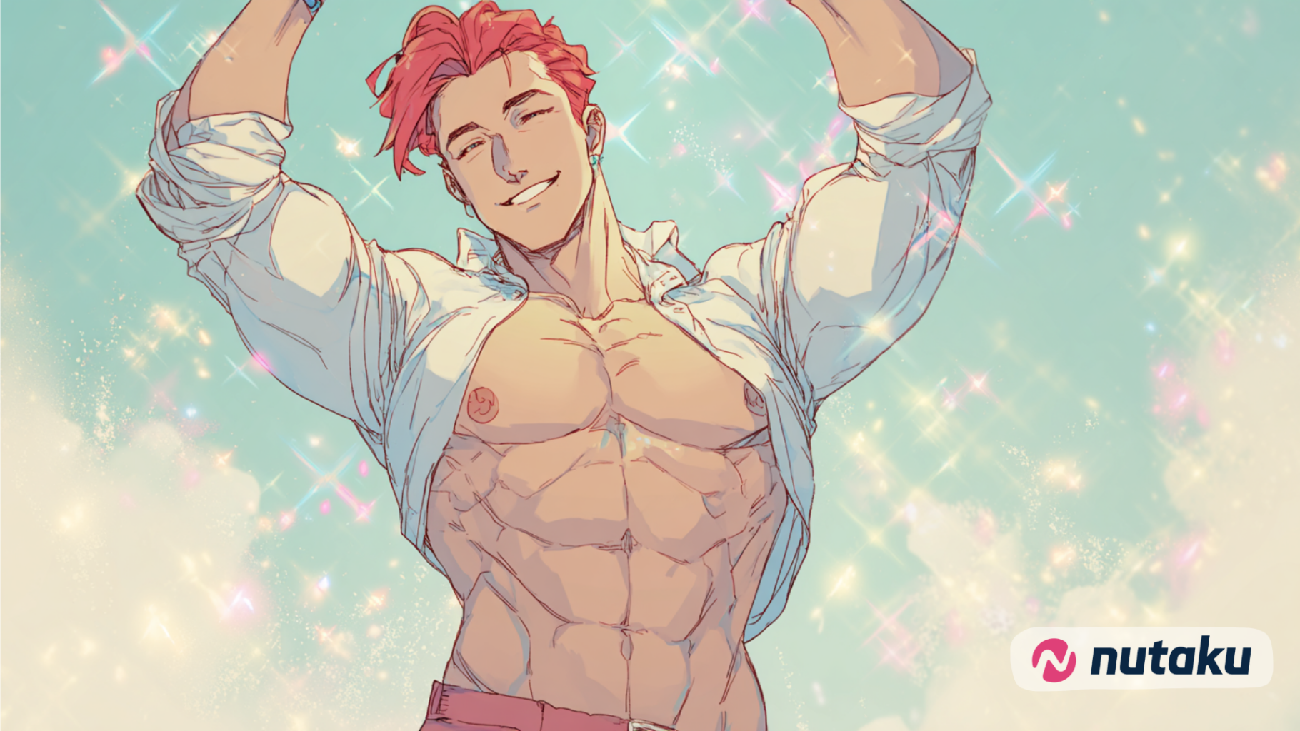 Homme anime au physique athlétique et à la chemise ouverte, levant les bras sous un ciel lumineux parsemé d’effets scintillants, dans une scène romantique et séduisante