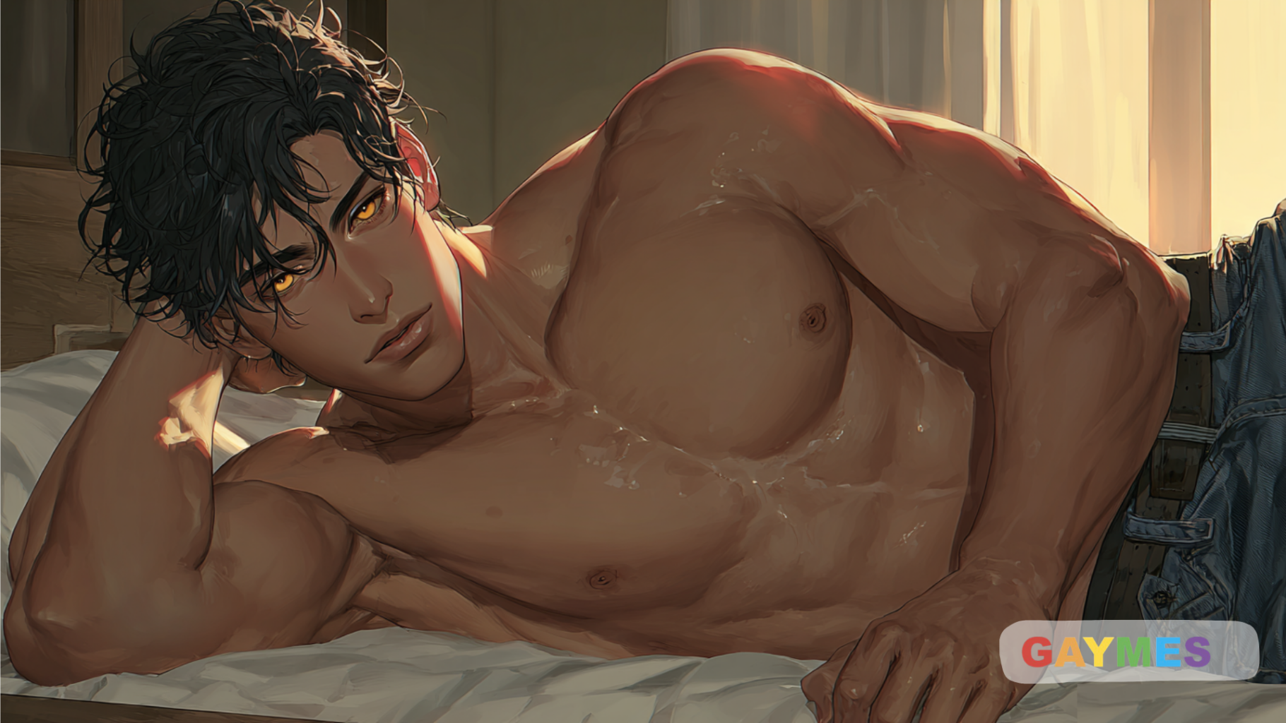 Personnage masculin musclé au style anime allongé sur un lit dans un gay sex game illustré.