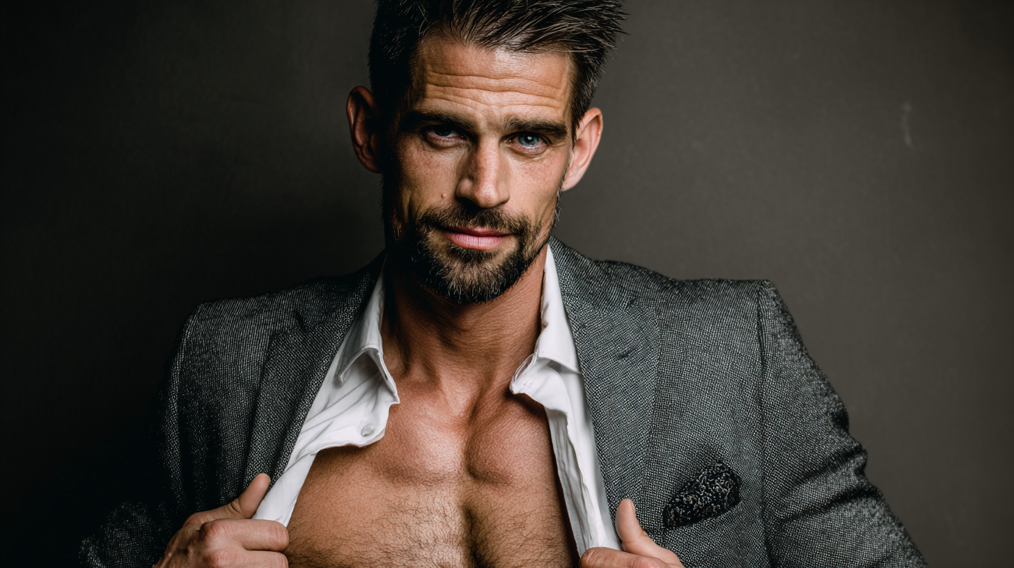 Homme au regard intense ouvrant légèrement sa chemise sous une veste élégante, évoquant les personnages sophistiqués et irrésistibles des gay sex games les plus populaires.
