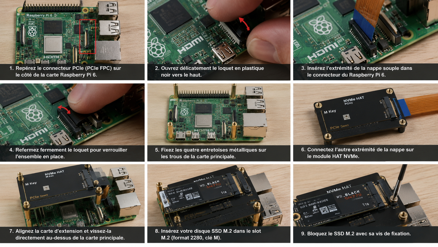 image illustrant le montage du Raspberry Pi 6 et du HAT NVMe