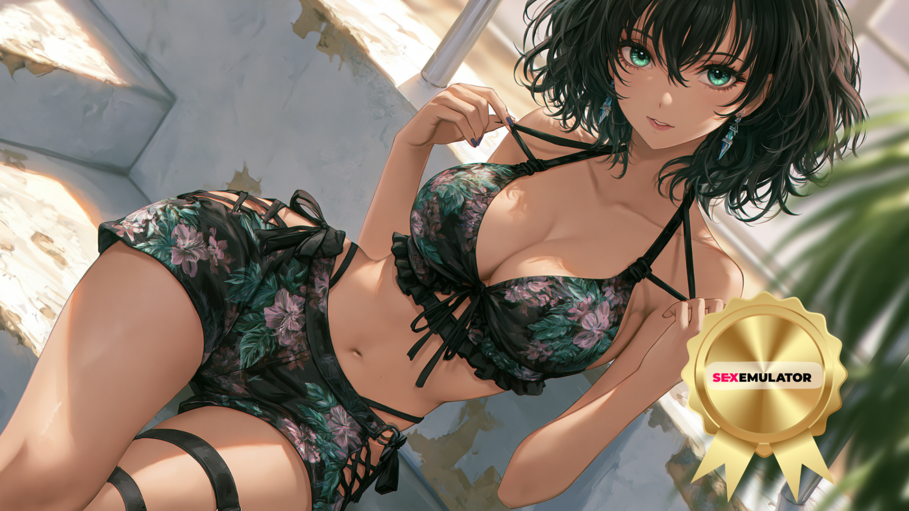Personnage féminin anime aux cheveux noirs en lingerie florale noire, allongée sur le sol 
