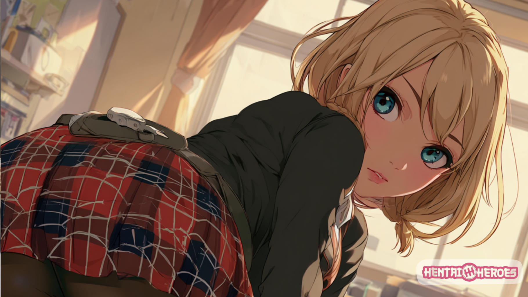 Personnage féminin anime aux cheveux blonds et yeux bleus en uniforme scolaire, penchée vers l'avant dans une chambre ensoleillée