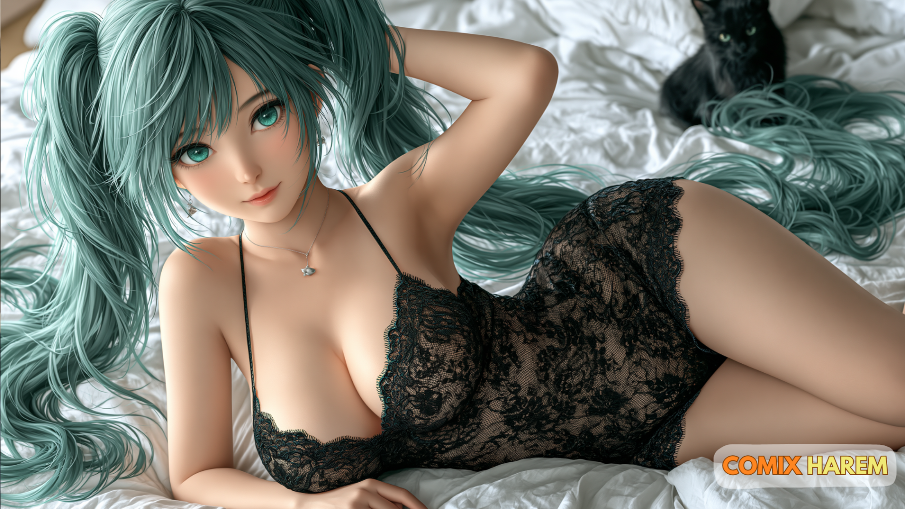 Personnage féminin anime aux longs cheveux turquoise en nuisette noire en dentelle, allongée sur un lit blanc avec un chat noir en arrière-plan