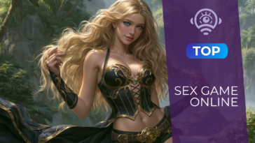 Personnage féminin fantasy blonde en armure noire et or dans une forêt tropicale, avec le logo Top Sex Game Online en incrustation violette à droite