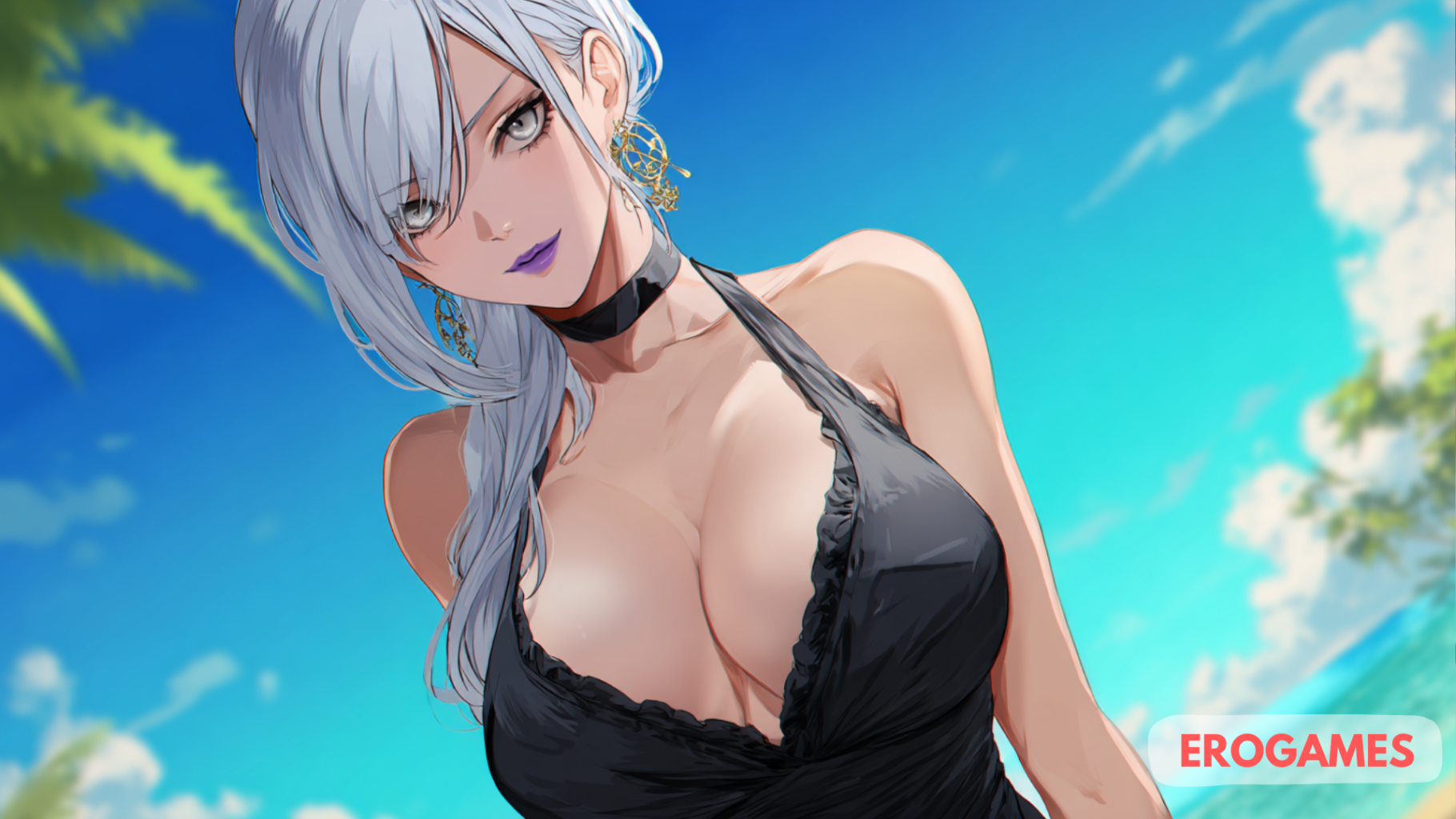 Personnage féminin anime aux cheveux blancs en robe noire décolletée, en plein air avec un ciel bleu et des palmiers en arrière-plan