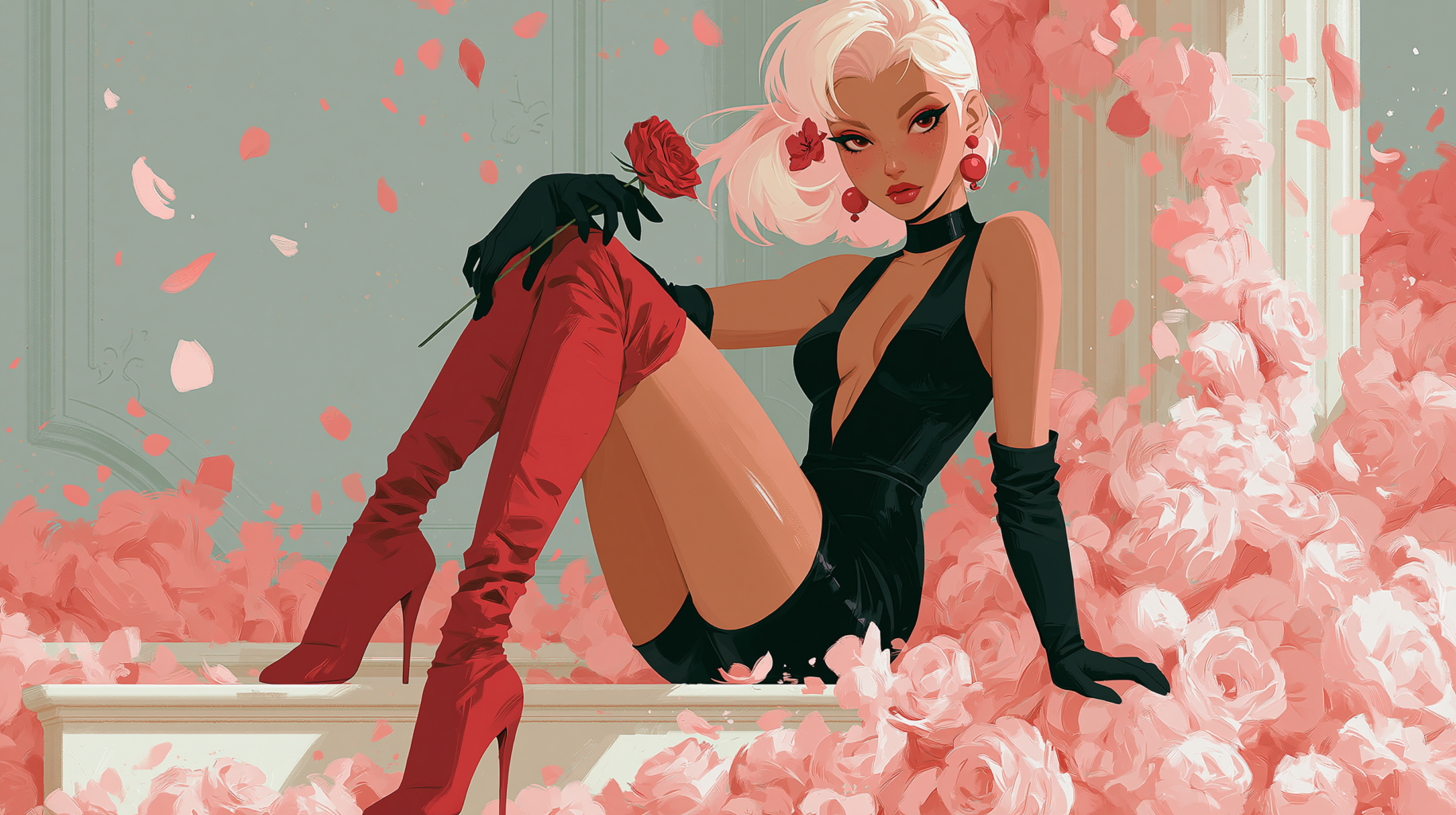 17:52Claude a répondu : Femme illustrée aux cheveux blancs en body noir décolleté et longs gants noirs, assise au milieu de roses roses avec des bottes rouges cuissardes, tenant une r…Femme illustrée aux cheveux blancs en body noir décolleté et longs gants noirs, assise au milieu de roses roses avec des bottes rouges cuissardes, tenant une rose rouge dans une pièce aux murs clairs avec des pétales qui tombent