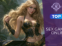 Personnage féminin fantasy blonde en armure noire et or dans une forêt tropicale, avec le logo Top Sex Game Online en incrustation violette à droite