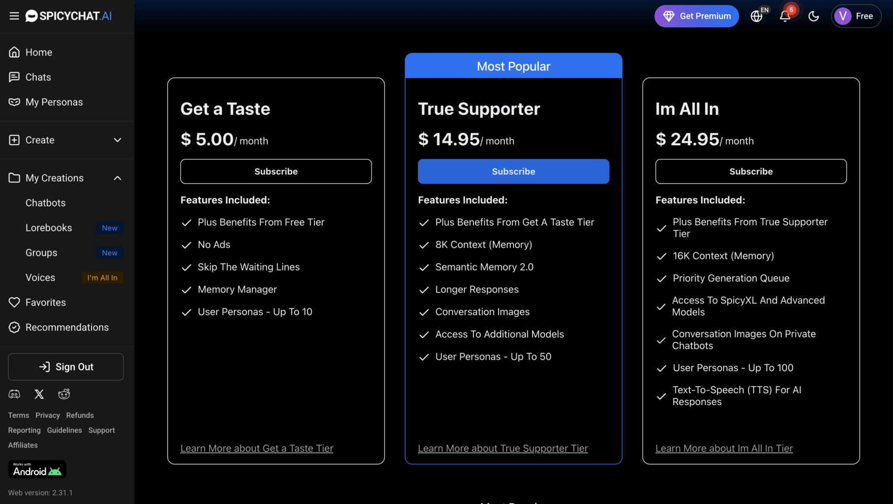 SpicyChat pricing page comparing subscription plans, with monthly prices, premium features, memory limits, and access to advanced AI models.