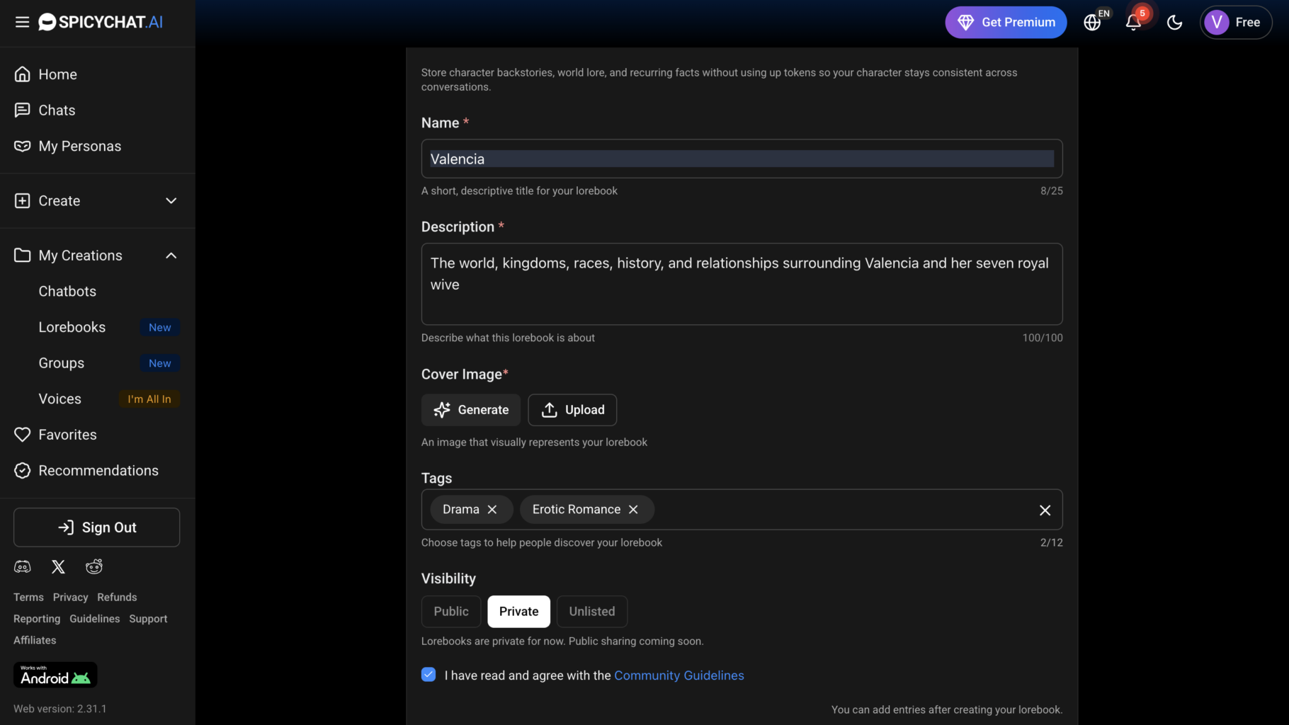 SpicyChat Lorebooks interface showing a form used to create and manage a custom knowledge base, with fields for title, description, tags, cover image, and privacy settings