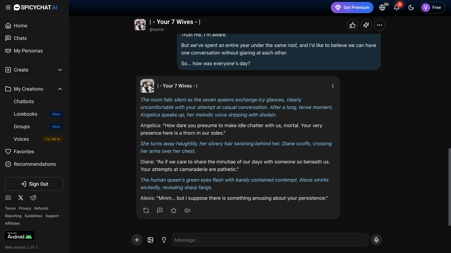 SpicyChat conversation interface displaying a roleplay chat with multiple AI characters, featuring long-form narrative responses, character dialogue, and messaging controls.