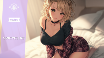 Anime-style AI character with short blonde hair, sitting on a bed and looking toward the viewer, wearing a dark top and a plaid skirt in a softly lit bedroom