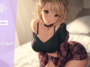 Anime-style AI character with short blonde hair, sitting on a bed and looking toward the viewer, wearing a dark top and a plaid skirt in a softly lit bedroom