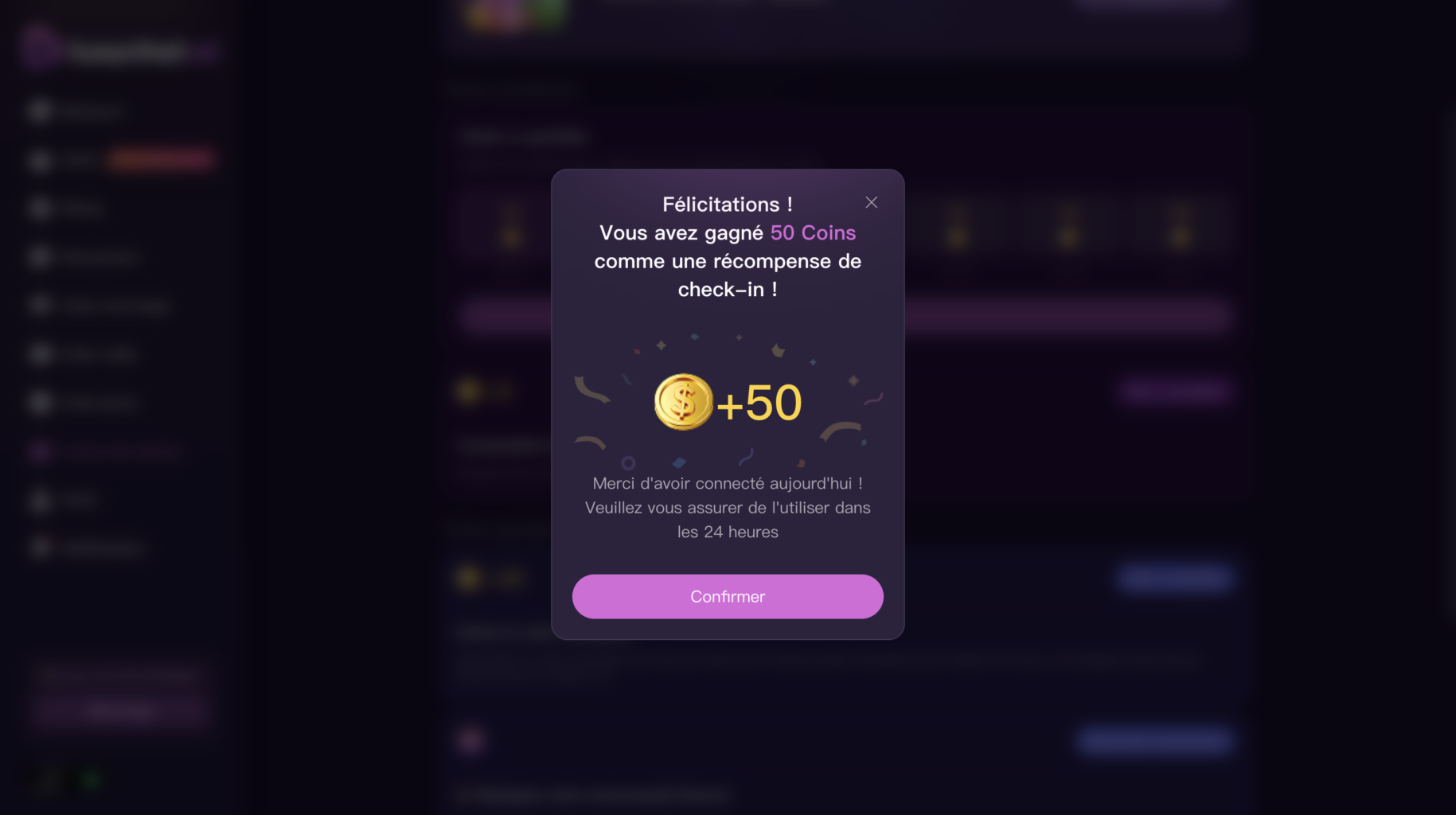 Bonus quotidien de LusyChat affichant un gain de 50 coins après la connexion journalière. Ce programme de fidélité permet d'accumuler progressivement des crédits utilisables sur les différentes fonctionnalités de la plateforme.