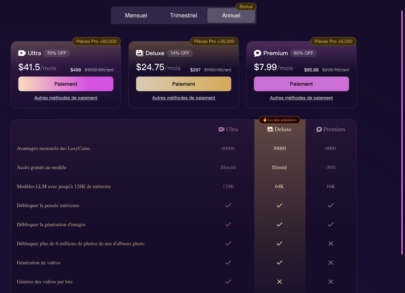 Comparatif des offres payantes de LusyChat. L’interface affiche les prix des abonnements, les remises en cours, les bonus de coins accordés, les limites de mémoire des modèles IA et les fonctionnalités débloquées selon la formule choisie.