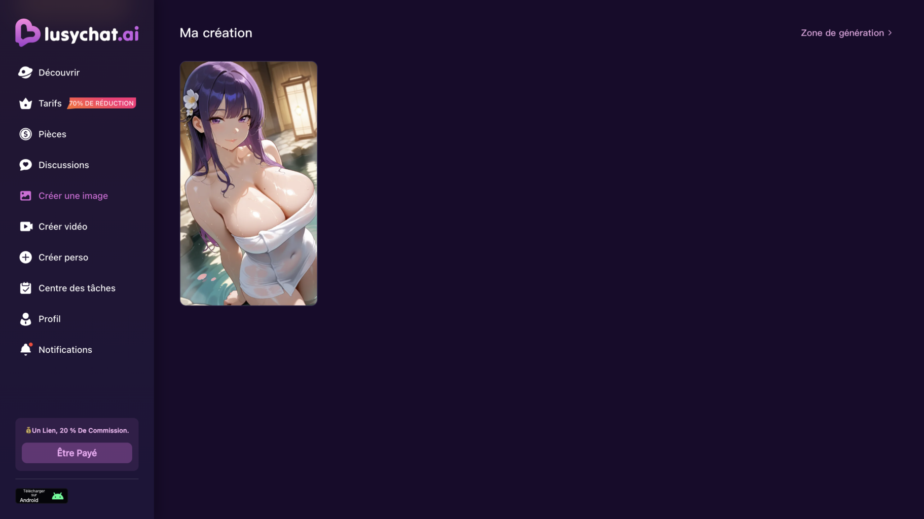 Exemple d'image créée avec LusyChat montrant une waifu anime dans un décor de bain thermal. Cette génération illustre les capacités visuelles de la plateforme, la finesse des détails, la gestion de la lumière et la qualité globale des créations produites par l'intelligence artificielle.