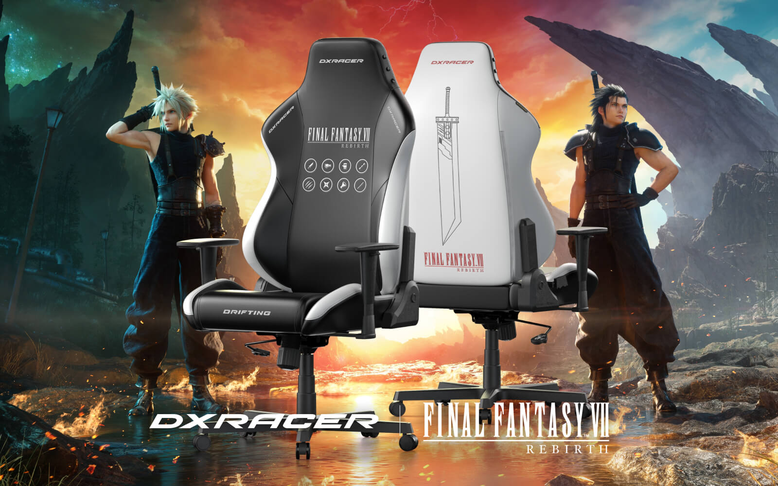 Deux chaises gaming DXRacer Drifting édition spéciale Final Fantasy VII Rebirth avec Cloud et Zack.