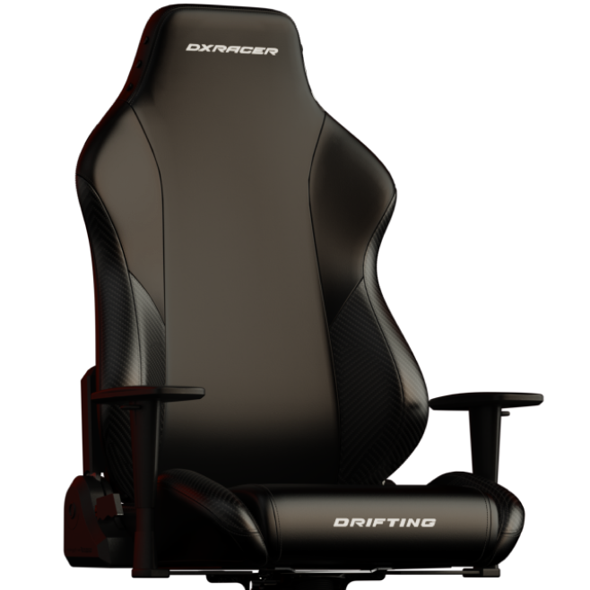 Chaise gaming DXRacer Drifting noire présentée de face sur fond noir.