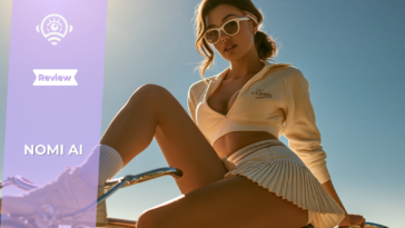 Stylized AI-generated portrait from Nomi AI featuring a virtual companion in a sporty outfit on a bicycle under bright sunlight.