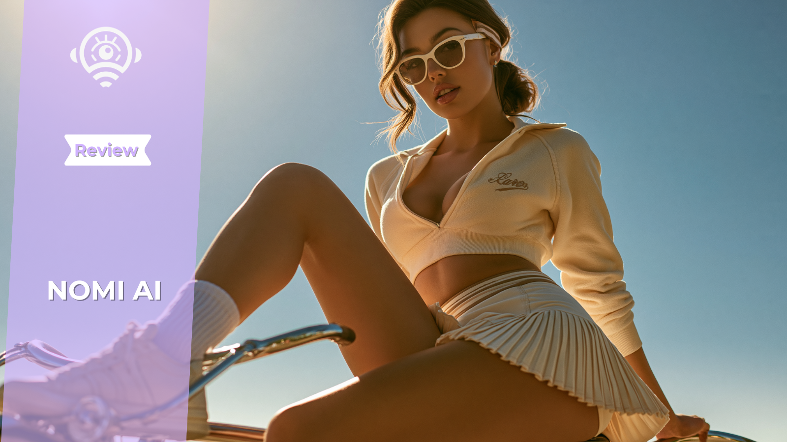 Stylized AI-generated portrait from Nomi AI featuring a virtual companion in a sporty outfit on a bicycle under bright sunlight.